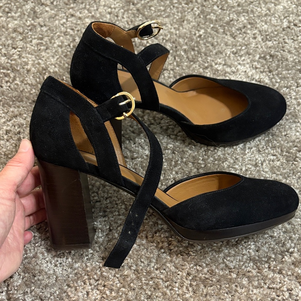 Sezane Katie Babies - Black Suede Ankle Strap Heels